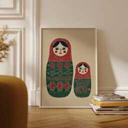Matryoshka Art Print, Folk Doll Illustration, Nordic Style Wall Decor, Floral Linocut Poster - thumbnail 1
