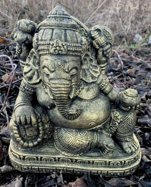 Stone Garden Laying Reclining Gold Ganesh Elephant God Buddha Statue Ornament - image 1