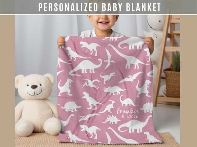 Personalized Dinosaur Baby Blanket Blush Pink Soft Nursery Throw Custom Name Newborn Gift Shower Keepsake - image 1