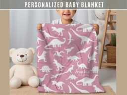 Personalized Dinosaur Baby Blanket Blush Pink Soft Nursery Throw Custom Name Newborn Gift Shower Keepsake