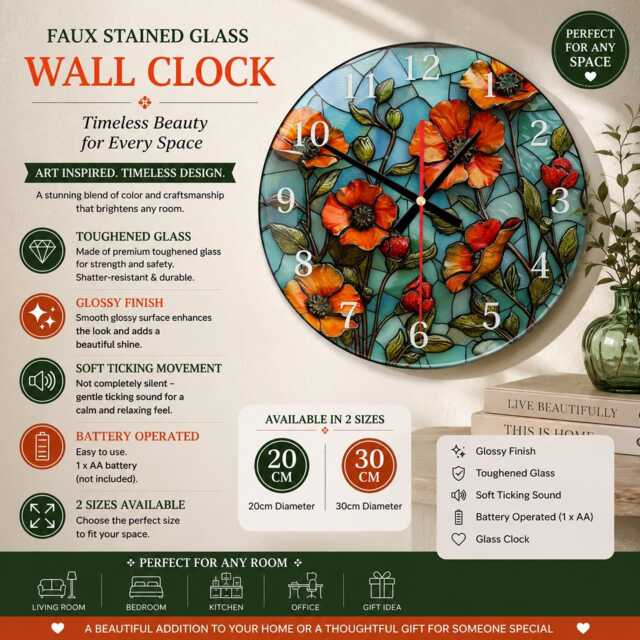Red Poppies Glass Wall Clock Faux Stained Glass, 3D Effect - image 1