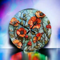 Red Poppies Glass Wall Clock Faux Stained Glass, 3D Effect - thumbnail 3
