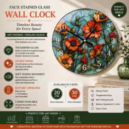 Red Poppies Glass Wall Clock Faux Stained Glass, 3D Effect - thumbnail 1