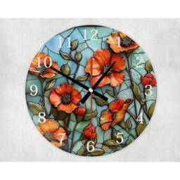 Red Poppies Glass Wall Clock Faux Stained Glass, 3D Effect - thumbnail 2