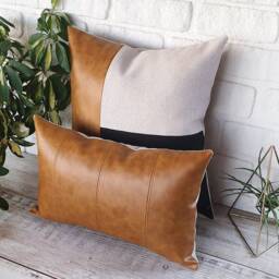 Color Block Pillow Cover Camel Faux Leather, Black Fabric & Linen - thumbnail 4