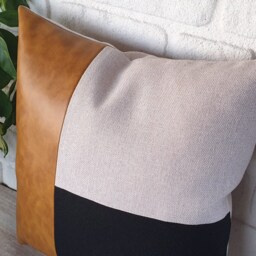Color Block Pillow Cover Camel Faux Leather, Black Fabric & Linen - thumbnail 3