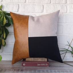Color Block Pillow Cover Camel Faux Leather, Black Fabric & Linen - thumbnail 2