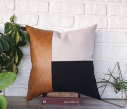Color Block Pillow Cover Camel Faux Leather, Black Fabric & Linen