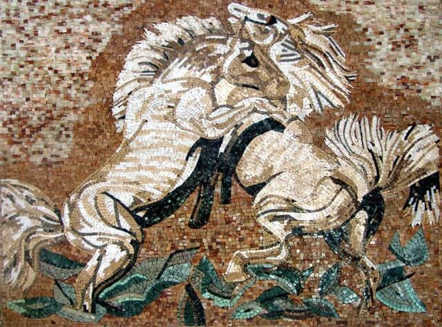 Handmade Marble Mosaic Two Horses in Love, Wall Art - 39 X 28 Inch