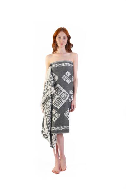 Emerald - Dark Gray Ethnic Turkish Cotton Beach Towel, Personalized Bridesmaid Gift, Wedding Sarong, Handwoven Double Sided - image 1