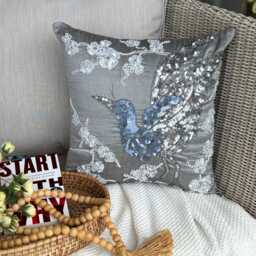 Art Silk Bird Gray Pillow Sham, 24x24/26x26 Beaded Sequins, Contemporary Euro Sham - Silver Birdy - thumbnail 2