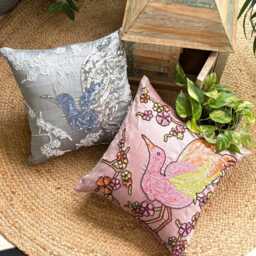 Art Silk Bird Gray Pillow Sham, 24x24/26x26 Beaded Sequins, Contemporary Euro Sham - Silver Birdy - thumbnail 3