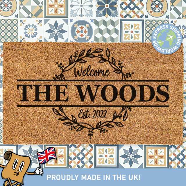Wreath Family Name Doormat, Customised Mat, Front Door Est Date Personalized Rug, Housewarming Gift Ideas - image 1