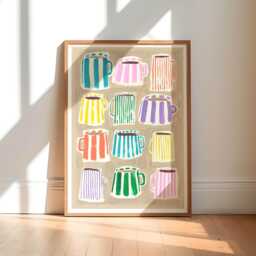Coffee Cups Painting Art Print/Hand Painted Abstract Stripe Kitchen Colourful - thumbnail 1