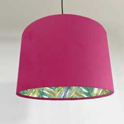 Hot Pink Velvet Drum Lampshade, Double Sided Lampshade With Palm Leaves Cotton Interior, Ceiling Light Shade - thumbnail 1