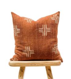 Authentic African Pillow, Handwoven Mudcloth Rust With Cream Abstract Pattern Pillow Cover- Throw Cover, Sofa Cushion - thumbnail 1
