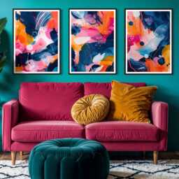 Colourful Brushstroke Abstract Art Print Set Of 3 Pink Navy Orange Splat Expressive Painting Vibrant Contemporary Artwork For Modern Home - thumbnail 2