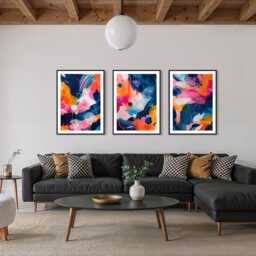 Colourful Brushstroke Abstract Art Print Set Of 3 Pink Navy Orange Splat Expressive Painting Vibrant Contemporary Artwork For Modern Home - thumbnail 3