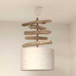 Driftwood & Linen Pendant Light, 30 cm - French Handcrafted Chandelier Natural Bedroom Entryway Decor Seaside Lighting - thumbnail 1