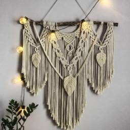 Large Macrame Backdrop, Beige Wall Hanging With Feathers, Mural Tassels, Wall Decor, Home Decor, Boho Gift Idea - thumbnail 3