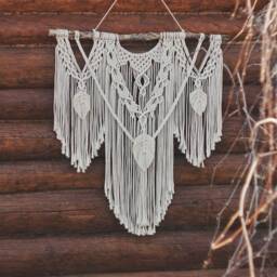 Large Macrame Backdrop, Beige Wall Hanging With Feathers, Mural Tassels, Wall Decor, Home Decor, Boho Gift Idea - thumbnail 2