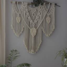 Large Macrame Backdrop, Beige Wall Hanging With Feathers, Mural Tassels, Wall Decor, Home Decor, Boho Gift Idea - thumbnail 4