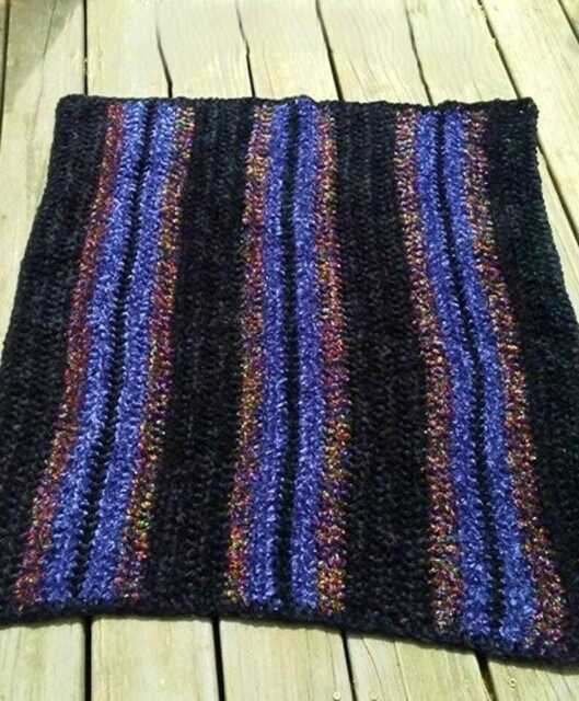 Hand Crocheted Black & Blue Striped 32 X36 Inch Chenille Area Rug For The Home - image 1