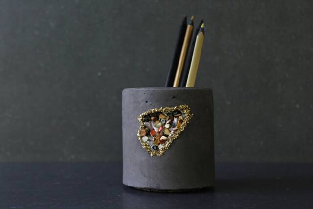 Gem Stone Concrete Pen Holder, Luxury Charcoal Desk Organizer, Industrial Chic Decor - Geode Collection - image 1