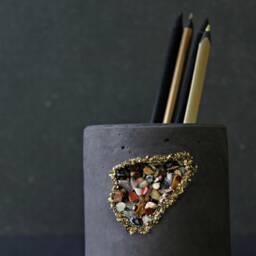 Gem Stone Concrete Pen Holder, Luxury Charcoal Desk Organizer, Industrial Chic Decor - Geode Collection - thumbnail 2