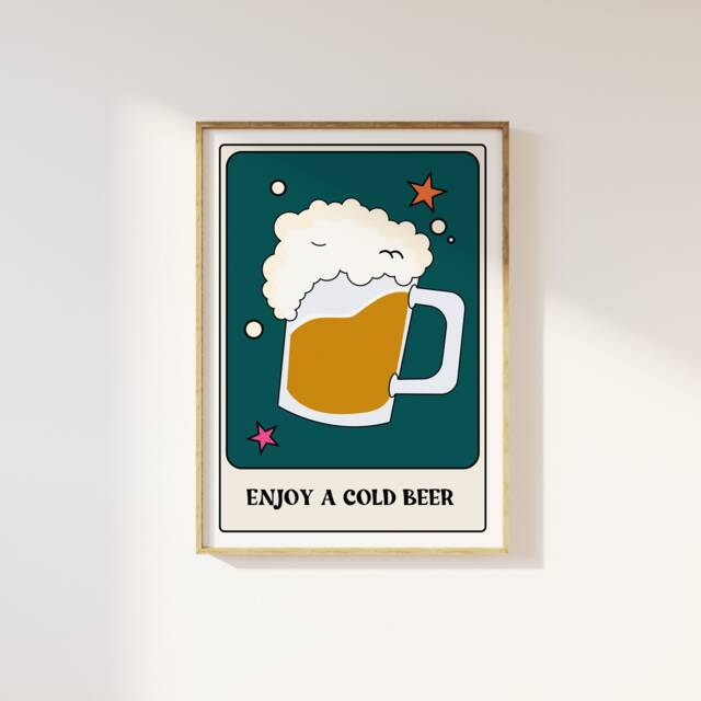 Enjoy A Cold Beer Tarot Card Style Print - Pint, Funky Retro Home Wall Art, Fun Card, Bold Colourful Cool Quote Print, 90S Trendy Art - image 1