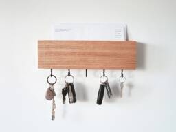 Mail & Key Holder With Black Hooks - Entryway Rack, Housewarming Gift