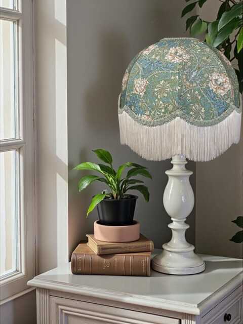 William Morris Seaspray Honeysuckle Fabric Dome Lampshade Green Braid, Cream Fringe, British Made - image 1