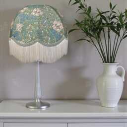 William Morris Seaspray Honeysuckle Fabric Dome Lampshade Green Braid, Cream Fringe, British Made - thumbnail 3