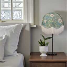 William Morris Seaspray Honeysuckle Fabric Dome Lampshade Green Braid, Cream Fringe, British Made - thumbnail 2