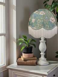 William Morris Seaspray Honeysuckle Fabric Dome Lampshade Green Braid, Cream Fringe, British Made