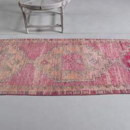 2.7x10.3 Ft Area Rug, Vintage Rugs For Indoor, , Anatolian Rugs, Turkish Pink Bedroom Herki Handmade Kitchen - thumbnail 3