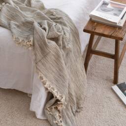 Oversize Cotton Bedspread, Organic Throw Blanket, Turkish Bed Cover, Grey Striped Boho Blanket - thumbnail 3