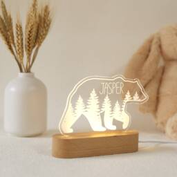 Personalized Acrylic Night Light, Boho Forest Bear Led Kids Bedroom Decor, Custom Name, Boy Nursery Baby Shower Gift - thumbnail 2