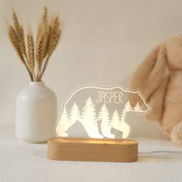 Personalized Acrylic Night Light, Boho Forest Bear Led Kids Bedroom Decor, Custom Name, Boy Nursery Baby Shower Gift - thumbnail 1