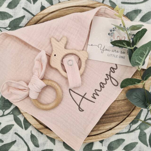 Personalised Organic Cotton Baby Comforter Embroidered Muslin Security Blanket With Animal Ring - image 1