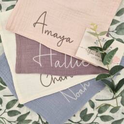 Personalised Organic Cotton Baby Comforter Embroidered Muslin Security Blanket With Animal Ring - thumbnail 2