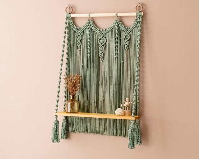 Boho Macrame Shelf, Farmhouse Shelves, Wall Decor, Hanging Nursery Room Bathroom Shelf S07 - image 1