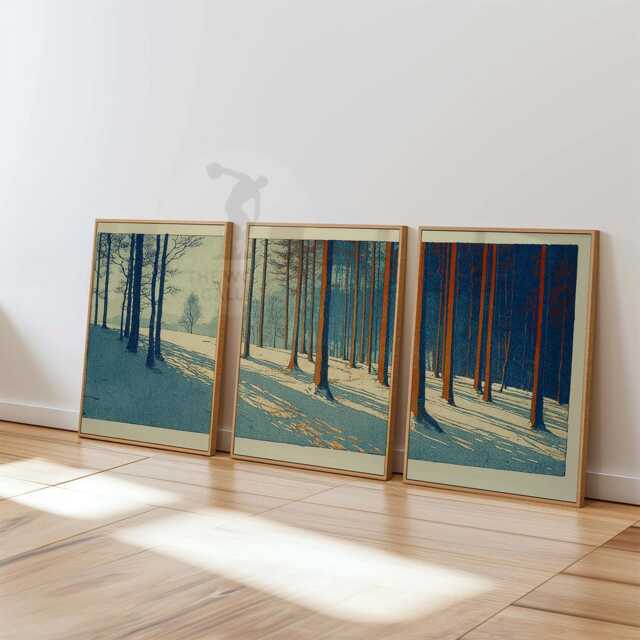 Winter Forest Wall Art Set Of 3 - Minimal Nature Landscape Print Blue & Rust Woodland Artwork Tranquil Home Decor For Living Room - image 1