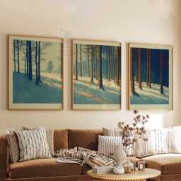 Winter Forest Wall Art Set Of 3 - Minimal Nature Landscape Print Blue & Rust Woodland Artwork Tranquil Home Decor For Living Room - thumbnail 3