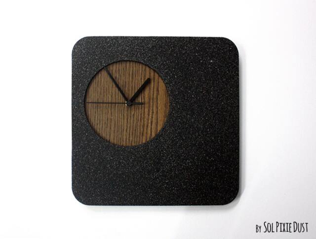 Black Granite Concrete & Wood Wall Clock/Modern Square With Textured Contemporary Art Minimalist Home Deco - image 1