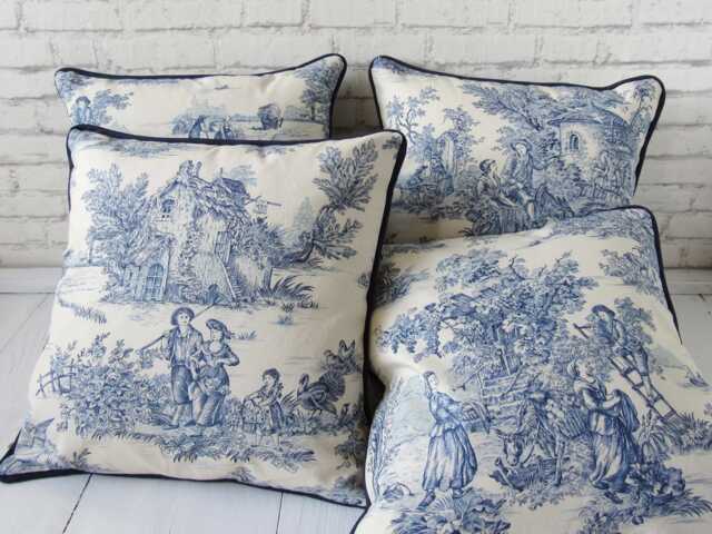 Toile De Jouy Cushion Cover - Blue Offwhite Classic French Cotton Fabric For Timeless Interiors - image 1