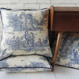 Toile De Jouy Cushion Cover - Blue Offwhite Classic French Cotton Fabric For Timeless Interiors - thumbnail 3