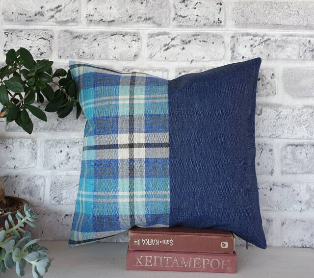 Blue Plaid & Denim Pillow Cover Modern Home Decor - 16x16'' - image 1