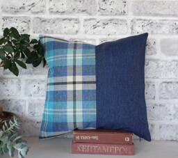 Blue Plaid & Denim Pillow Cover Modern Home Decor - 16x16'' - thumbnail 1