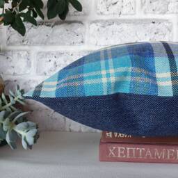Blue Plaid & Denim Pillow Cover Modern Home Decor - 16x16'' - thumbnail 4